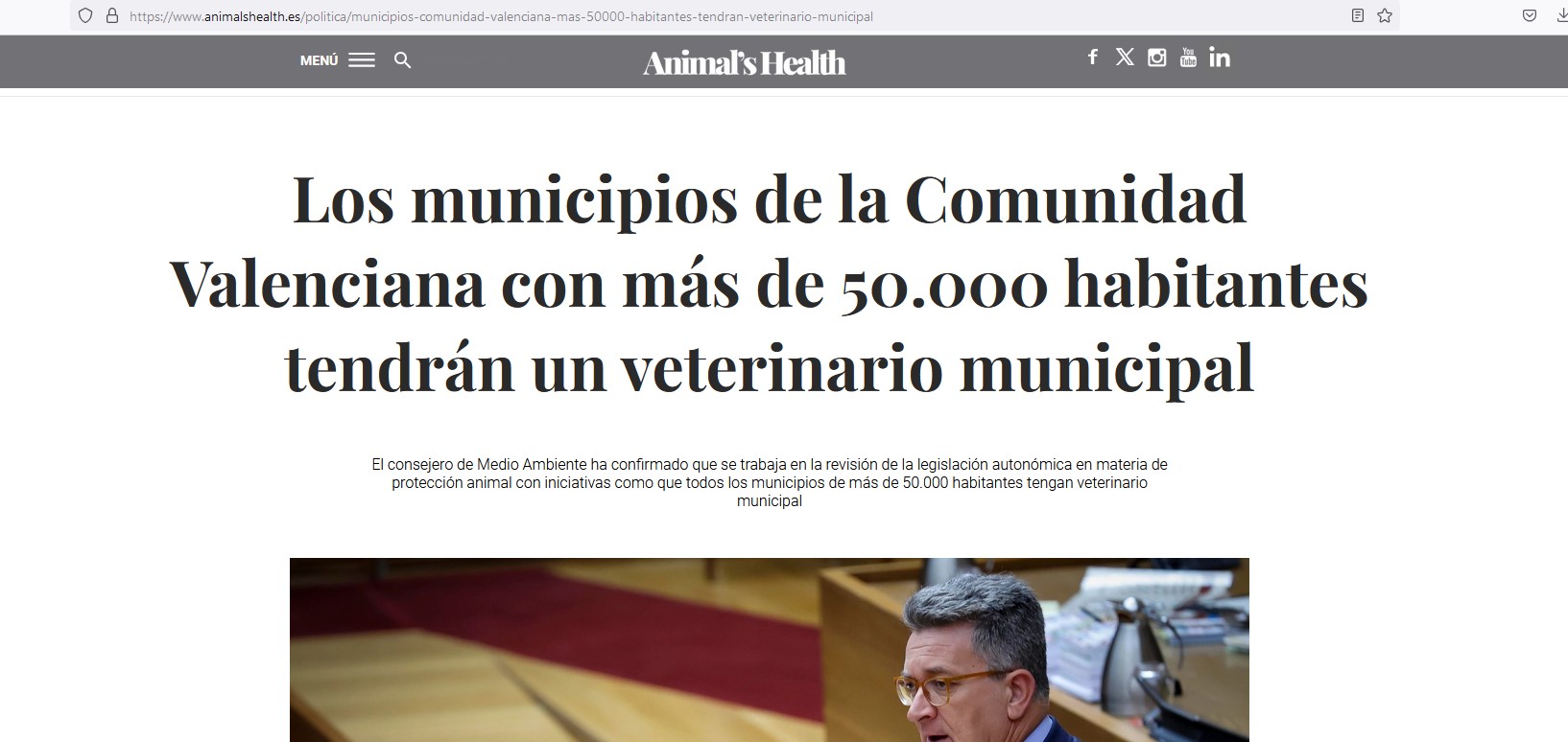 Animalshealth: Los municipios de la Comunidad Valenciana con más de 50.000 habitantes tendrán un veterinario municipal