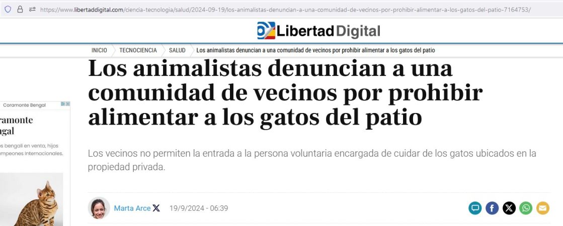 Libertad Digital: Los animalistas denuncian a una comunidad de vecinos por prohibir alimentar a los gatos del patio